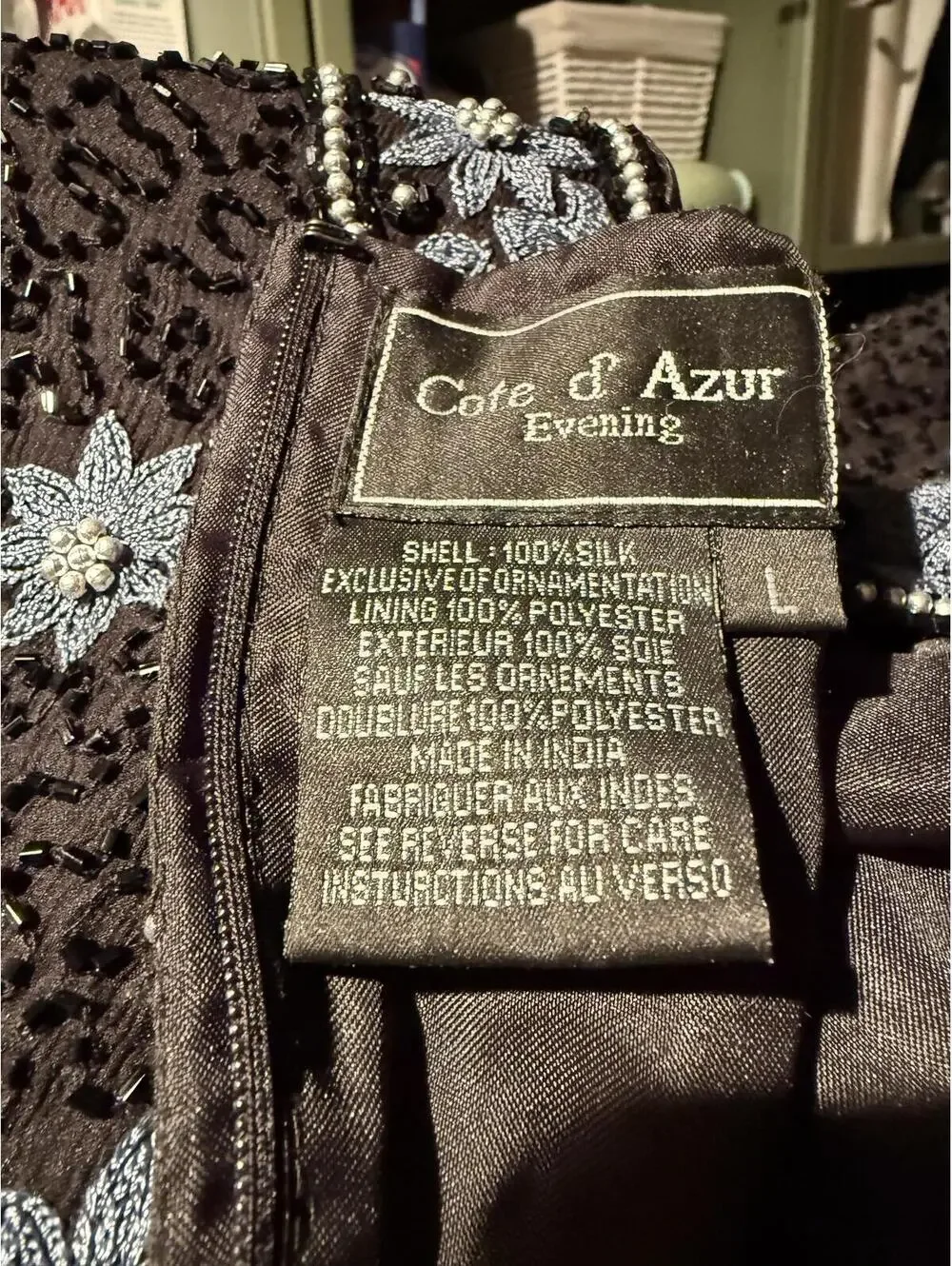 Côte d’Azur Vintage 100% Silk Black Beaded and Embroidered Short Sleeve Top